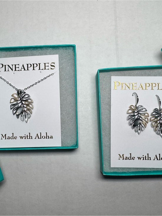 Pineapples Jewelry - Silver and Gold Hawaiian Leaf Pendant Necklace and Earrings Set